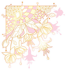 Corner bouquet of outline Fuchsia ornate flower bunch, bud and leaf in pastel pink and gold isolated on white background.