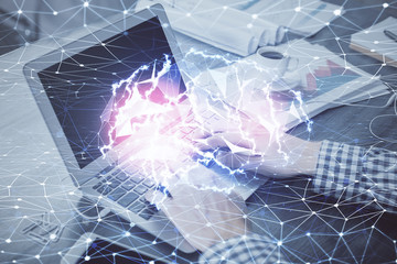 Double exposure of forex chart with man working on computer on background. Concept of market analysis.