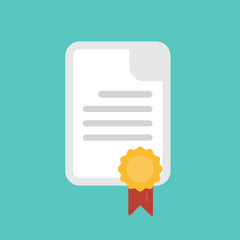 Diploma icon. Certificate, graduation document and medal with ribbon symbol flat style isolated