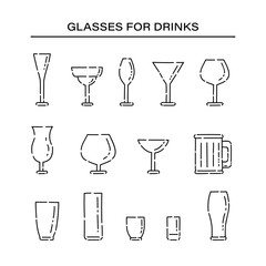 Set glassware for different alcoholic beverages line art vector black white isolated illustration.