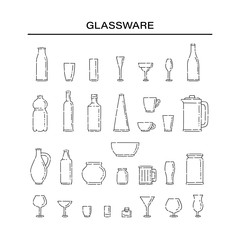 Set glassware for different liquids. Bottles and glasses line art vector black white isolated illustration.
