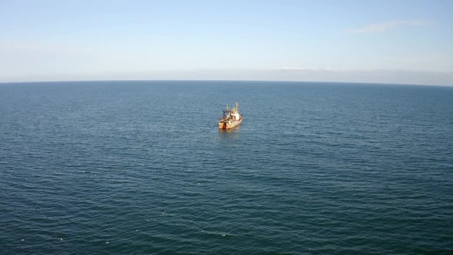 Aerial of Russian trawler fishing ship