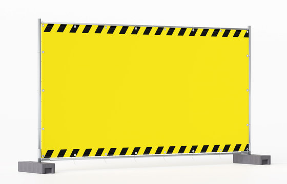 Baustelle - Absperrung - Mobilzaun - Bauzaun - Einzelnes Bauzaunfeld schr&auml;g - mit Banner Plane Bauzaunbanner gelb und Warnmarkierung