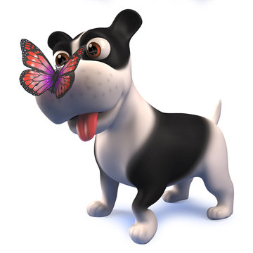 3d black and white puppy dog cartoon character with a butterfly on its nose