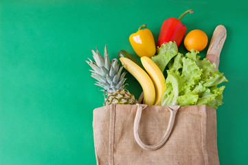 paper bag with fruits and vegetables for free plastic shopping, zero waste concept