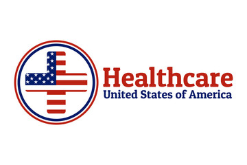 National flag of The United States of America in the shape of a medical cross in circle and Inscription USA healthcare. Care of health and medicine concept. For logo, banner, background.