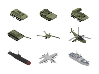 Military machinery isometric illustrations set