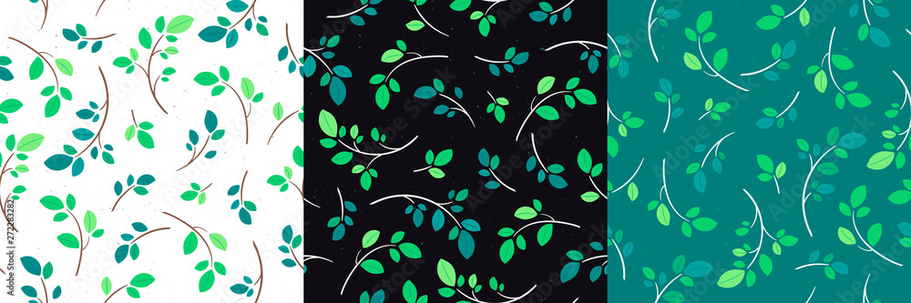 Poster set of vector seamless flat leaf pattern. repeating leaf on branch isolated on green. floral print f