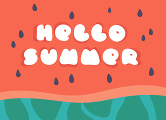 Watermelon banner template with the text "Hello summer". Colorful design for summer poster or advertizing. White cute children font on watemelon texture background. Illustration for summer print.
