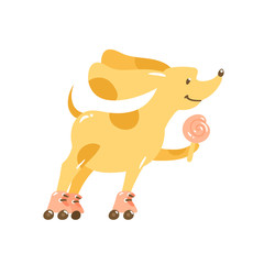 Happy flat cartoon yellow dog walking by retro roller skates. Cute vector sketch character puppy with lollipop rollerblading outdoor. Summer card with illustration of pet isolated on white background.