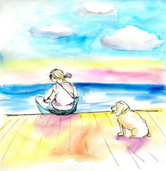 Watercolor sketch modern river embankment in the city park and woman sitting with a dog view from the back. Hand drawn illustration on paper