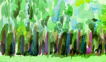 Watercolor sketch landscape forest river. Hand drawn illustration on paper. Abstract background