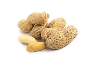 Dried peanuts on the white background.