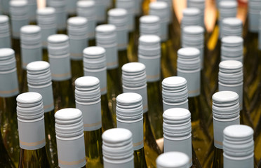 close up on white wine bottles in rows