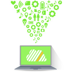 クラウドサーバーとインスピレーションイメージ、フラットデザイン、キャッシュレス、IOT