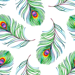Foto op Plexiglas Pauw Gouache naadloos exotisch patroon met kleurrijke pauwenveren