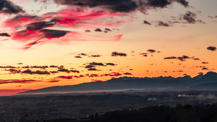 Colorful sunset in the italian vineyards