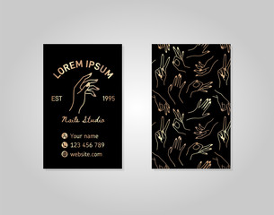 Double-sided black gold business card with a female hand in a trendy linear style. Vector logo for a beauty salon or a manicurist. template for packaging hand cream or nail Polish, soap, beauty store