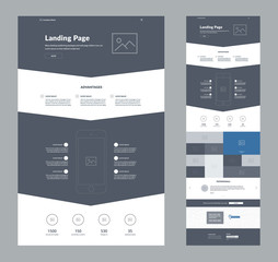 One page website design template for business. Landing page wireframe. Flat modern responsive design. Ux ui website template. Concept mockup layout for development. Best convert page.