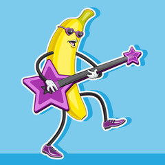 banana character plays the guitar in the shape of a star. vector image.