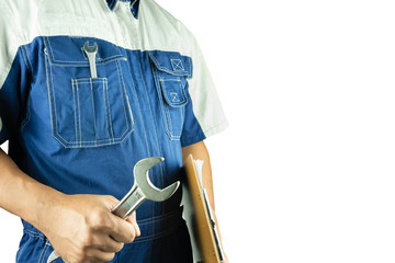 Professional auto technician holding wrench isolated on white background