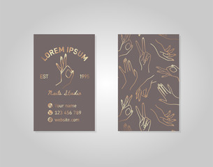 Double-sided Gray gold business card with a female hand in a trendy linear style. Vector logo for a beauty salon or a manicurist. template for packaging hand cream or nail Polish, soap, beauty store