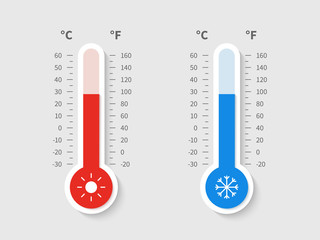 Cold warm thermometer. Temperature weather thermometers celsius fahrenheit meteorology scale, temp control device flat vector icon