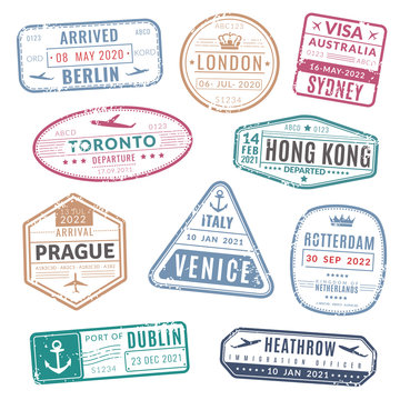 Travel Stamp. Vintage Passport Visa International Arrived Stamps With Grunge Texture. Isolated Vector Set