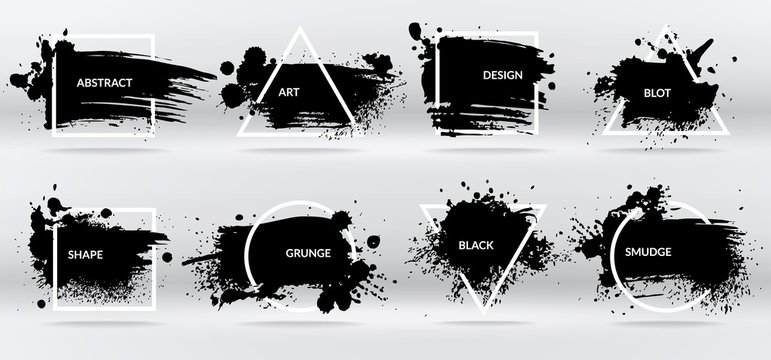 Ink blots. Abstract shapes, frames with black brushstroke grunge texture. Isolated border vector set