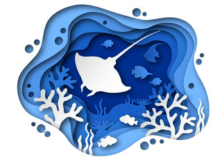 Underwater paper cut. Ocean bottom with sea animals, corals and fish silhouettes. Tropical seabed paper layered cave vector background