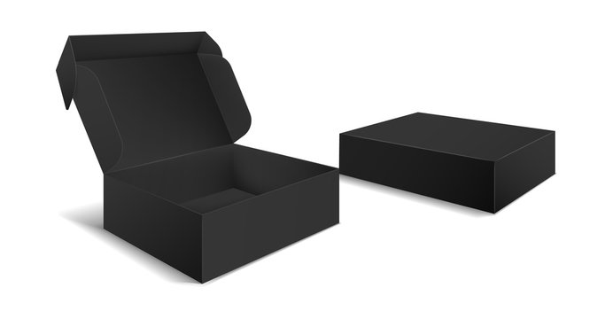 Black Box Packaging. Side View Open And Closed Gift Blank Boxes. Empty Cardboard Black Product Package 3d Vector Isolated Template