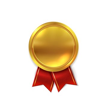 Empty gold medal. Shiny golden round seal for certificate or winner star award realistic vector illustration