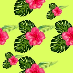  Seamless pattern with tropical leaves and hibiscus flowers. © MichiruKayo