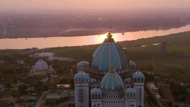 Mayapur, India TOVP temple during nabadwip mandala parikrama festival aerial, 4k drone footage 