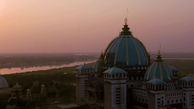 Mayapur, India TOVP temple during nabadwip mandala parikrama festival aerial, 4k drone footage 