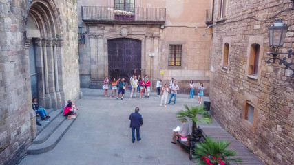 Aerial view of street in old gothic town in Barcelona.Spain. Year 2017
