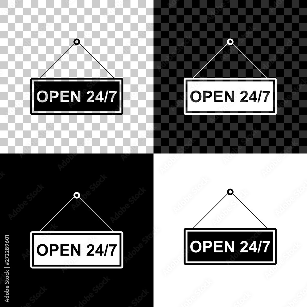 Poster hanging sign with text open 24-7 hours icon isolated on black, white and transparent background. bus