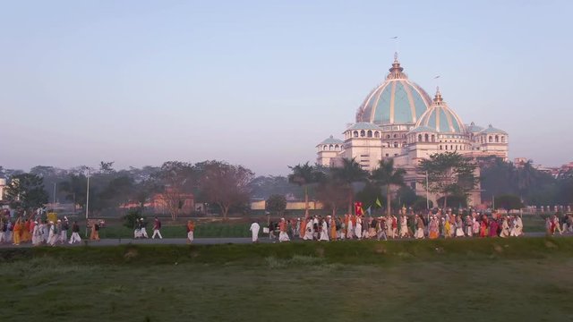 Mayapur, India TOVP temple during nabadwip mandala parikrama festival aerial, 4k drone footage 