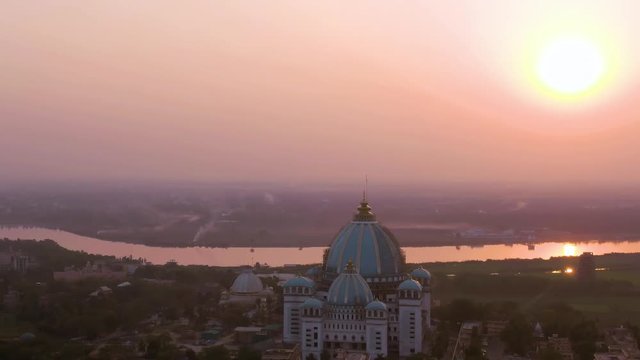 Mayapur, India TOVP temple during nabadwip mandala parikrama festival aerial, 4k drone footage 