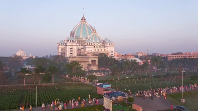 Mayapur, India TOVP temple during nabadwip mandala parikrama festival aerial, 4k drone footage 
