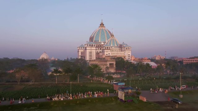 Mayapur, India TOVP temple during nabadwip mandala parikrama festival aerial, 4k drone footage 