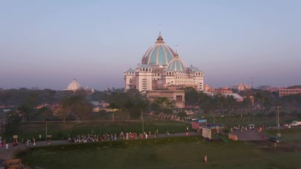 Mayapur, India TOVP temple during nabadwip mandala parikrama festival aerial, 4k drone footage 