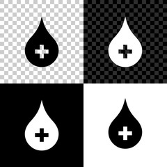 Blood drop icon isolated on black, white and transparent background. Donate drop blood with cross sign. Donor concept. Vector Illustration
