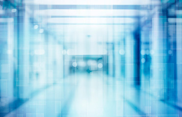 Fototapeta na wymiar abstract defocused blurred technology space background, empty business corridor or shopping mall. Medical and hospital corridor defocused background with modern laboratory (clinic)