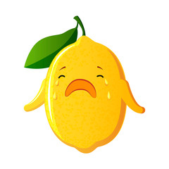 Crying lemon. Lemon character. Cute fruit vector character isolated on white background