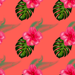 Tropical hibiscus flowers and palm leaves bouquets seamless pattern