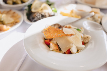 festive salty buffet, fish, meat, chips, cheese balls and other specialties for celebrating weddings and other events