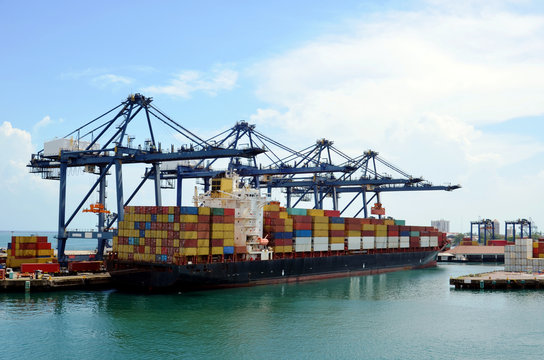 Container ship during cargo operations  in the port of Cristobal, Panama.