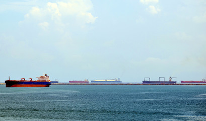 Cargo ships waiting near Cristobal, Panama to enter  Panama Canal.