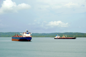 Cargo ship entering Panama Canal in the Cristobal, Panama. 
